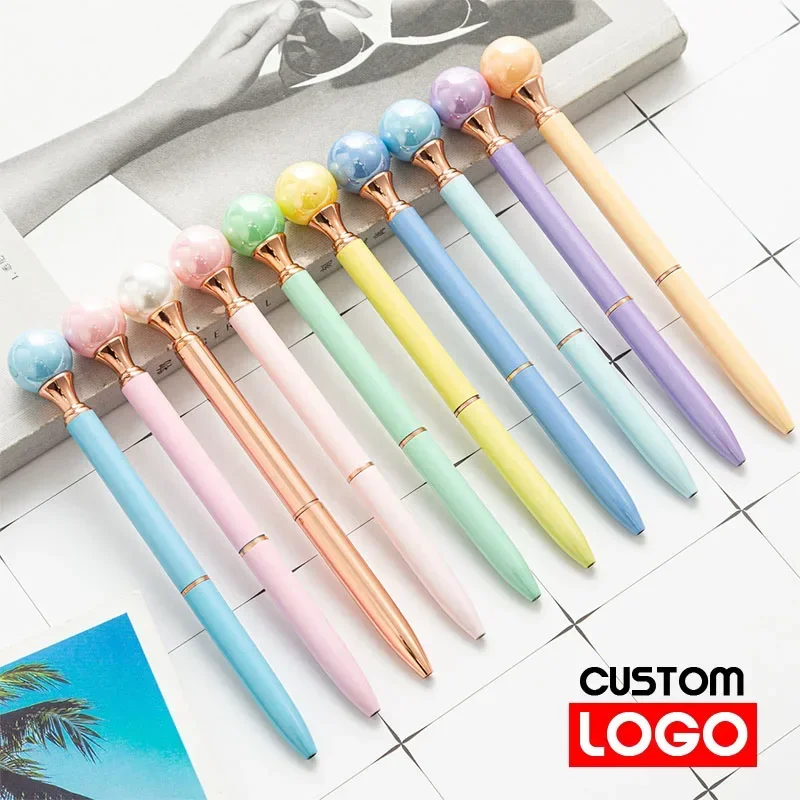 Cute Candy Pearl Pen Rotating Metal Ballpoint Pen Custom Logo Text Lettering Advertising Gift Pens Colorful Optional