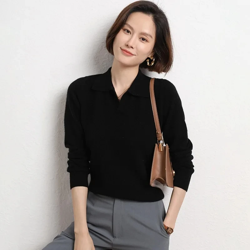 Polo Collar Knitted Y2k Sweater Cashmere Blend Autumn Winter New Solid Color Fashion Simple Inner Slimming And Age-Reducing Top