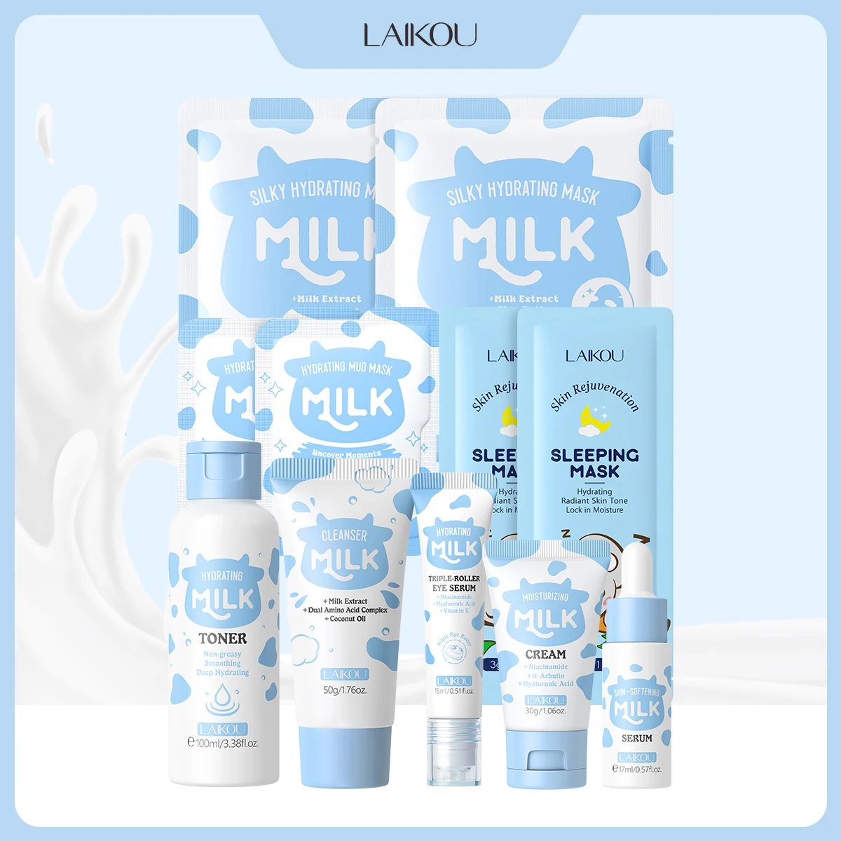LAIKOU 8Pcs Milk Full Facial Skin Care Set - Cleanser Toner Serum Eye Serum Mud Mask Sheet Mask Moisturizing Cream Sleeping Mask
