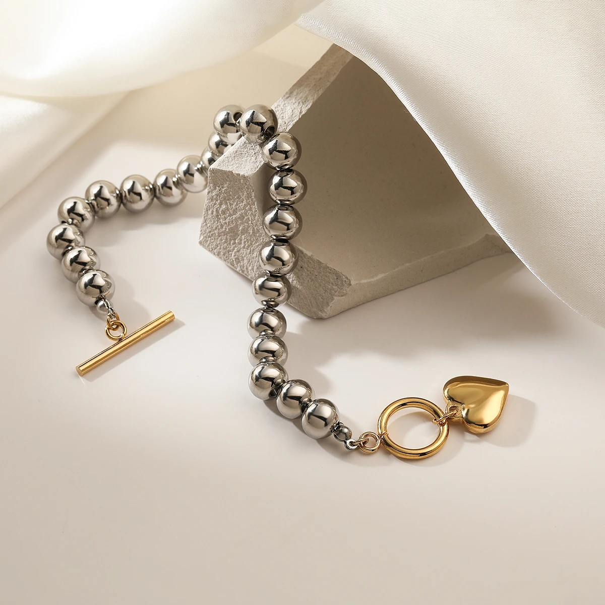NEWBUY New Arrival Gold Color Heart Silver Beads Charm Bracelet For Women High Quality Stainless Steel Jewelry