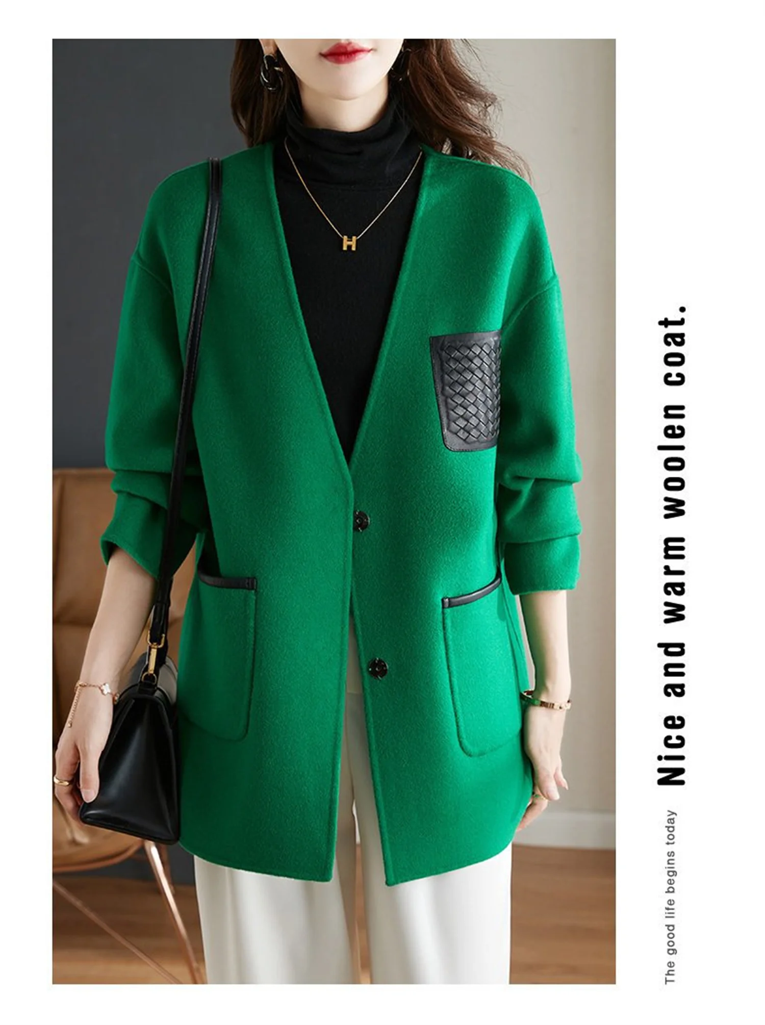 

2025 Autumn/Winter New Fashionable Korean Edition Slim and Versatile Style Small V-neck Spliced Woolen New Style Coat for Women