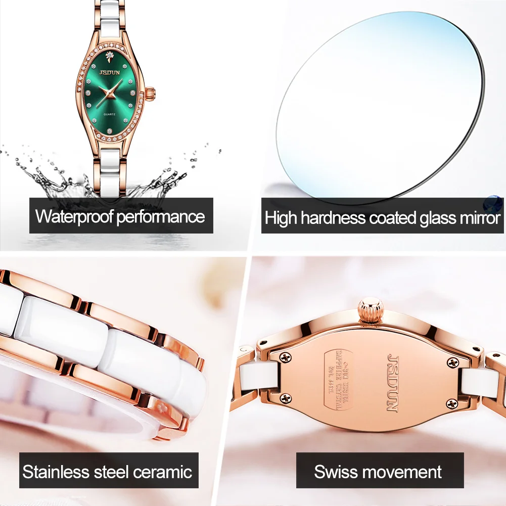 JSDUN 8842 Quartz Women Watch Luxury Diamond Scale Simple Waterproof Watch For Women Ceramic Steel Strap Ladies Dress Wristwatch