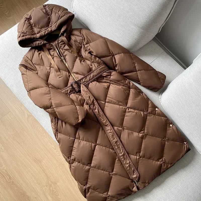 Winter 90% White Duck Down Jacket Female 2024 New Long Hooded Rhombic Belt Coat Loose Fashion Thick Warm Windproof Parka Outwear