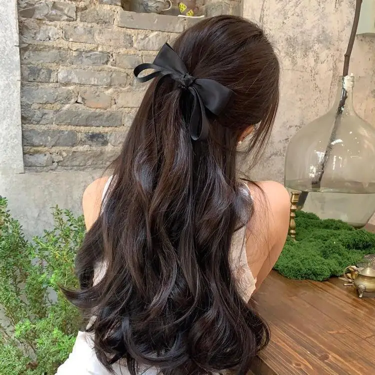 Premium Soft Black Ribbon Bow Spring Hair Clip Elegant  for Back of Head Half Up Daily Wear Lightweight Cute Versatile