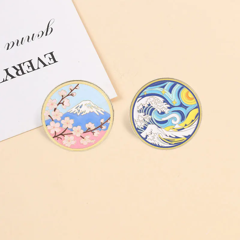 Japanese Ukiyo‑e Enamel Badge Van Gogh Starry Night The Great Wave Mount Fuji Cherry Pins Art Painting Brooches Jewelry Gifts