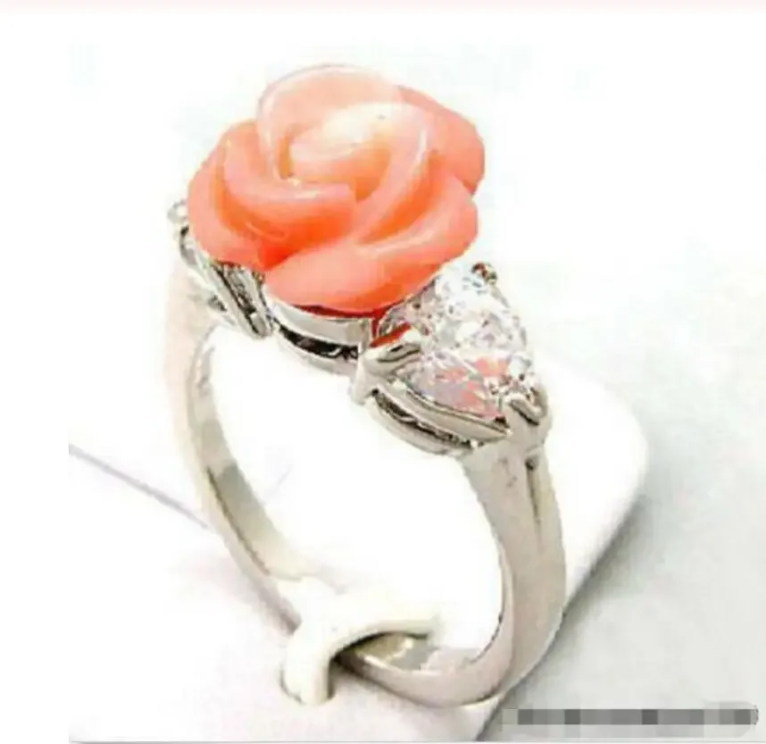 

Fashion jewelry Hot sale new Style Pink Coral Rose Flower Silver Crystal Ring Size: 6.7.8.9