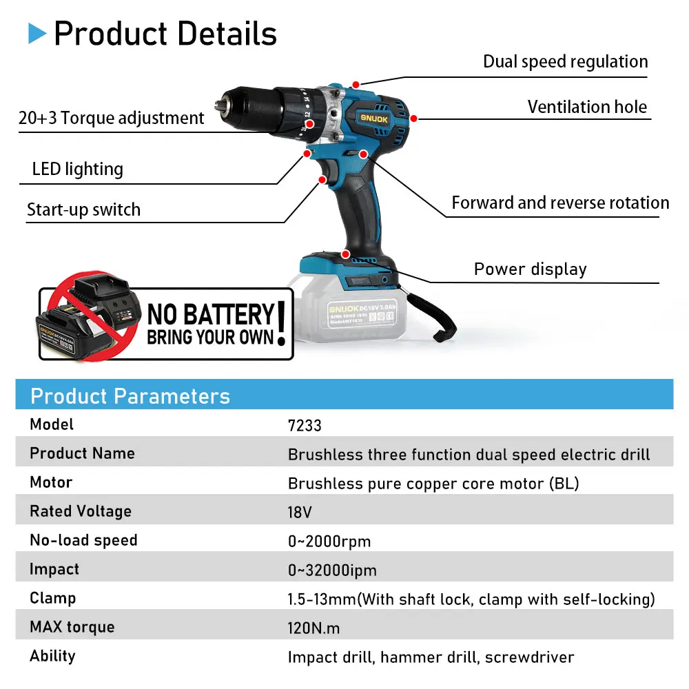 SUNOK No Battery 120N.m Brushless Professional Electric Drill 13mm Cordless Electric Screwdriver for Makita 18V Lithium Battery