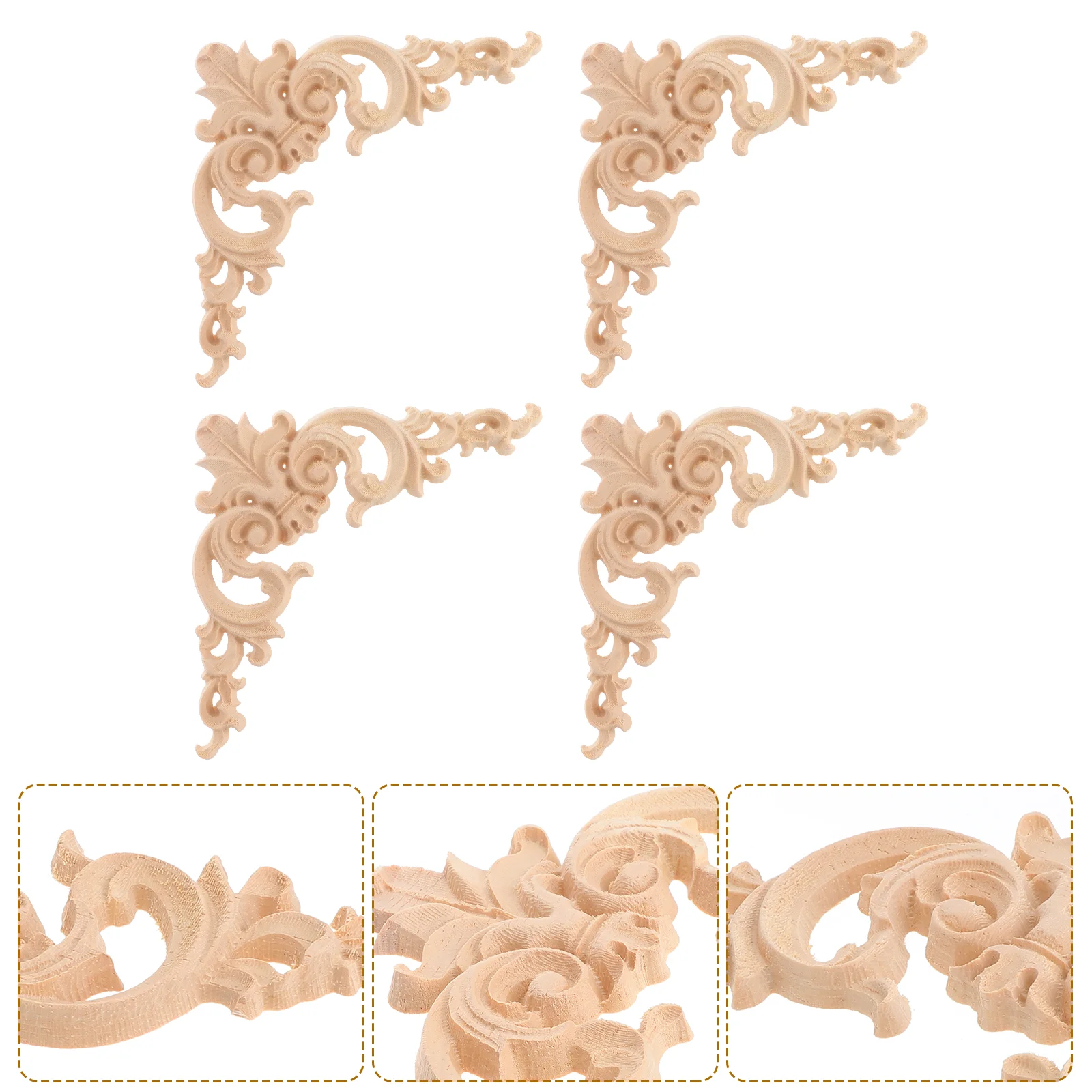 4 Pcs Wood Carved Decorations Applique Frame Solid Wooden Wall Cabinet Corner Decorate