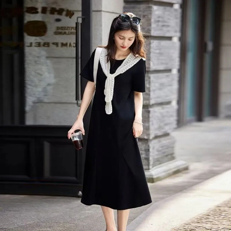 Vestido de verano de talla grande para mujer, vestido midi negro holgado con nudo que disimula la figura, estilo francés, manga corta, falda línea A