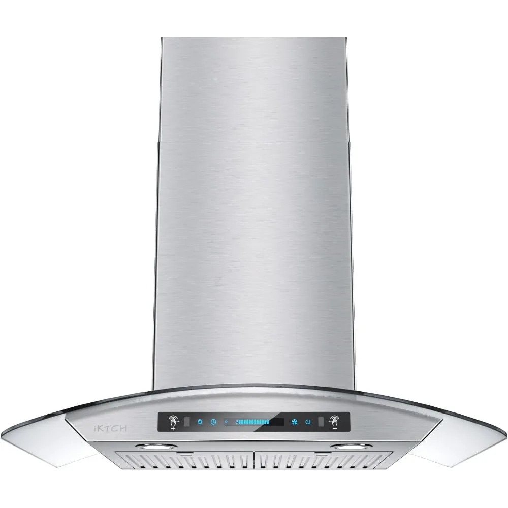 30 inci Wall Mount Range Hood kaca Tempered 900 CFM, dapur cerobong asap baja anti karat dengan gerakan penginderaan