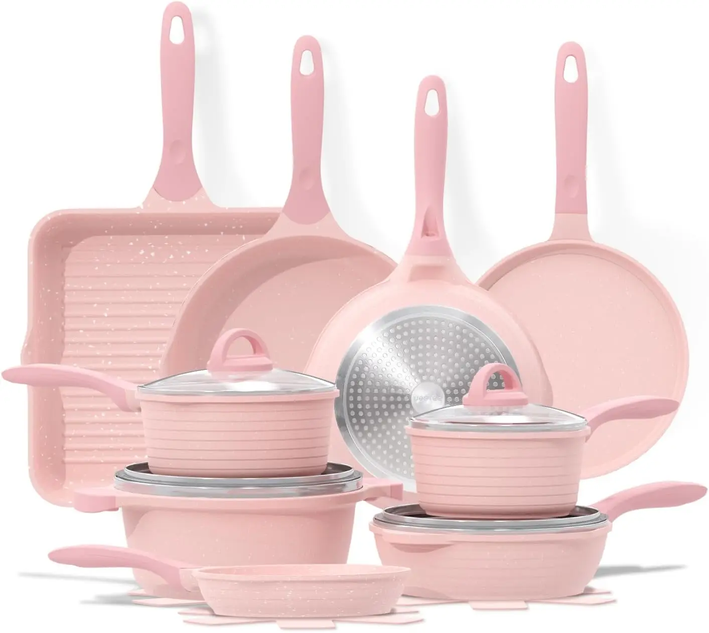 

Healthy Kitchen Cookware Sets, Induction Cooking Set Pink Granite Stone Frying Pan