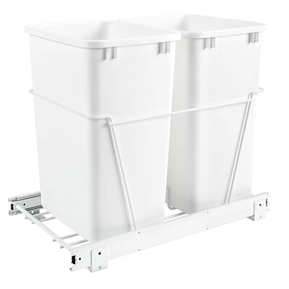 

Double Pullout 35 Qt Sliding Waste Bin Trash Container for Base Kitchen Cabinet, Wire Frame with Ball Bearings, White