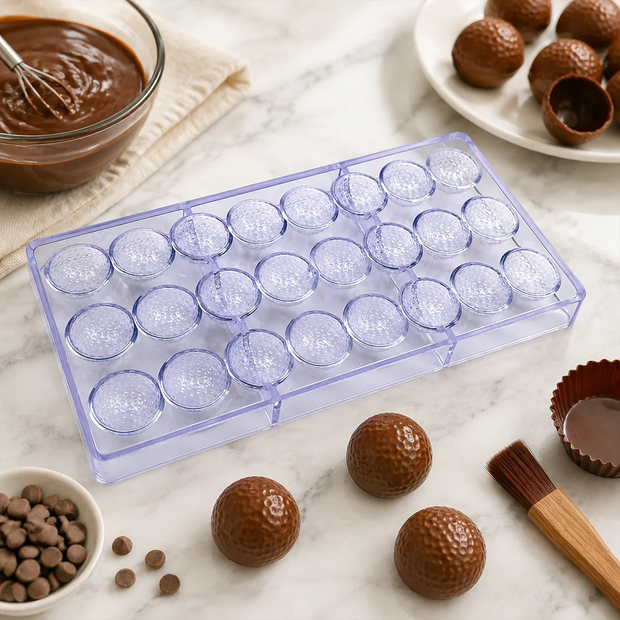 Polycarbonat-Schokoladenform, 24-Fach-Golfball-Form für Süßigkeiten, Strukturierte Sportball-Bonbon-Schokoladenform