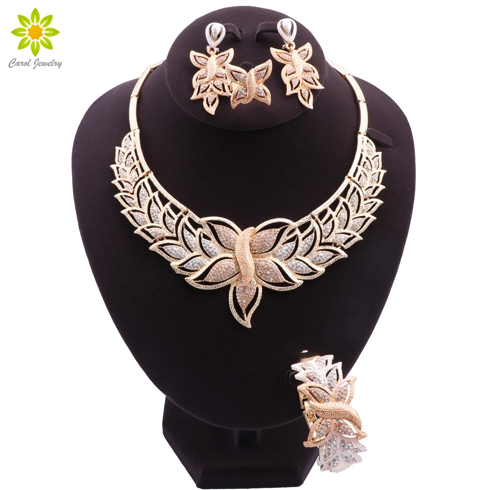 

Dubai Women Necklace Bracelet Ring Earrings Set Gold Plated Fashion Jewelry Nigeria Bride Jewelry Wedding Party Gifts