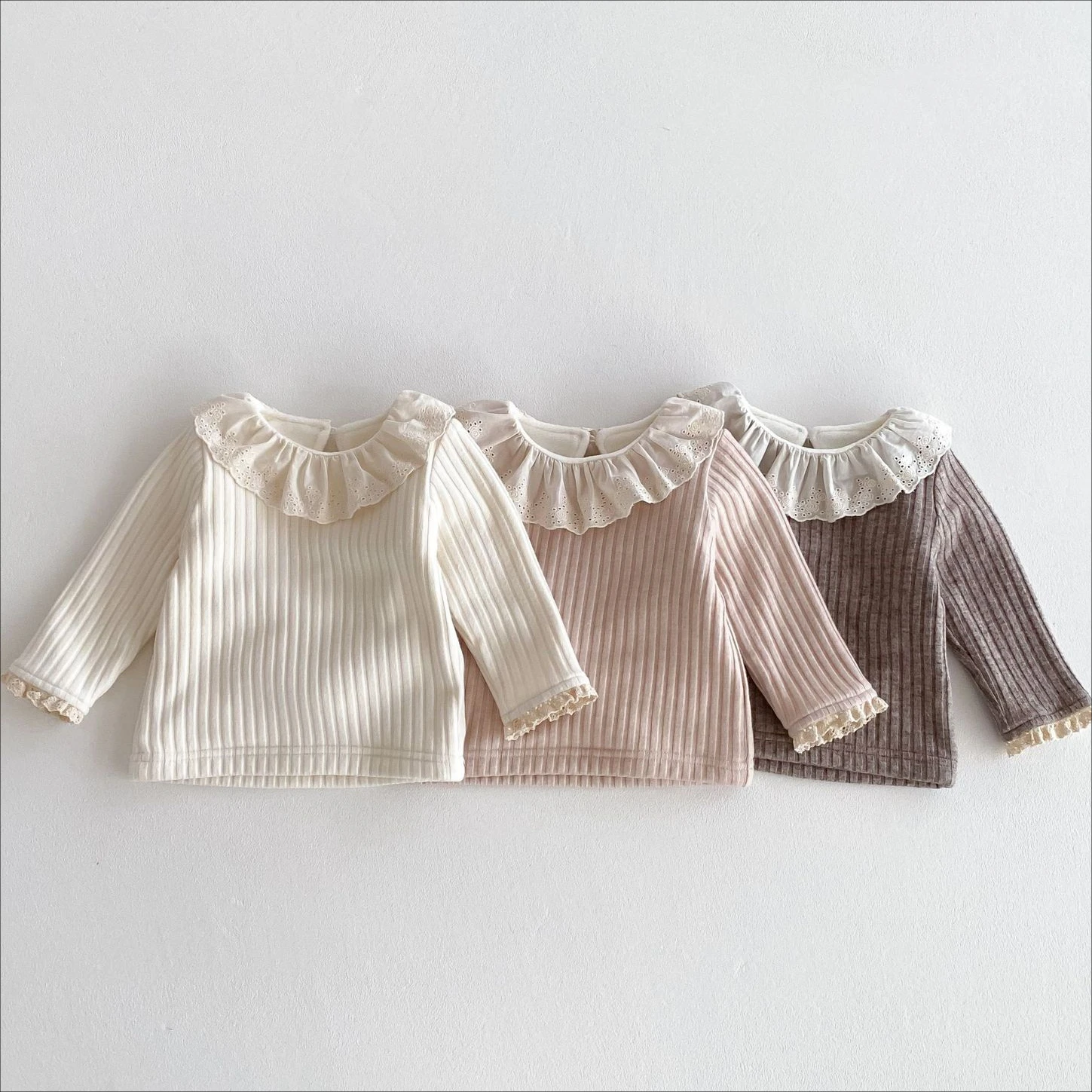 Korean Baby T Shirt 2026 Autumn Winter New Doll Collar Lace Bottoming Shirt Plus Velvet Baby Girl's Tops