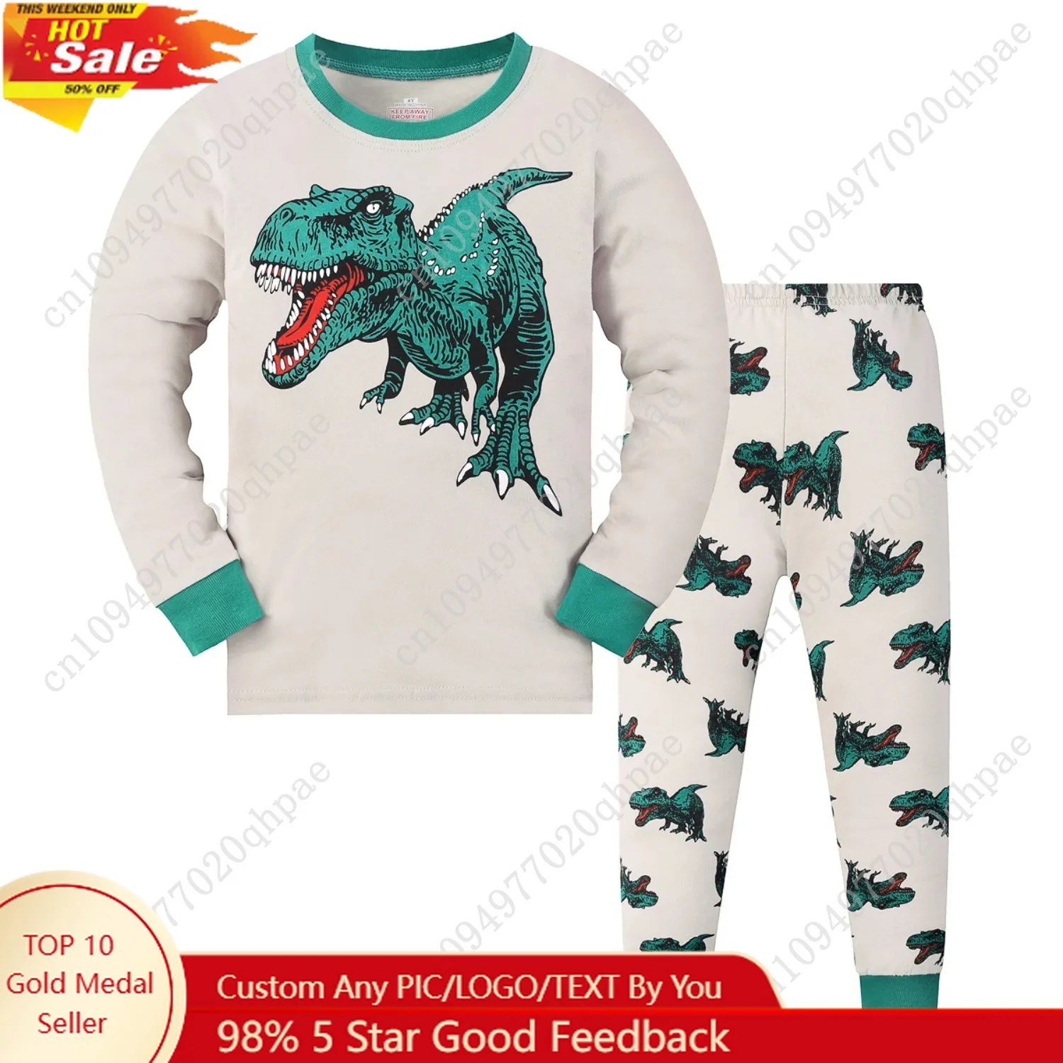 

A long-sleeved and long-pants boys' suit with cartoon dinosaur patterns, suitable for boys aged 2 to 9