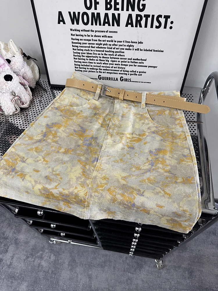 

High Waist A-Line Midi Skirt Women's Summer New Korean Sle Slimming Denim orts Tie Dye Commute Body ape ort Skirt