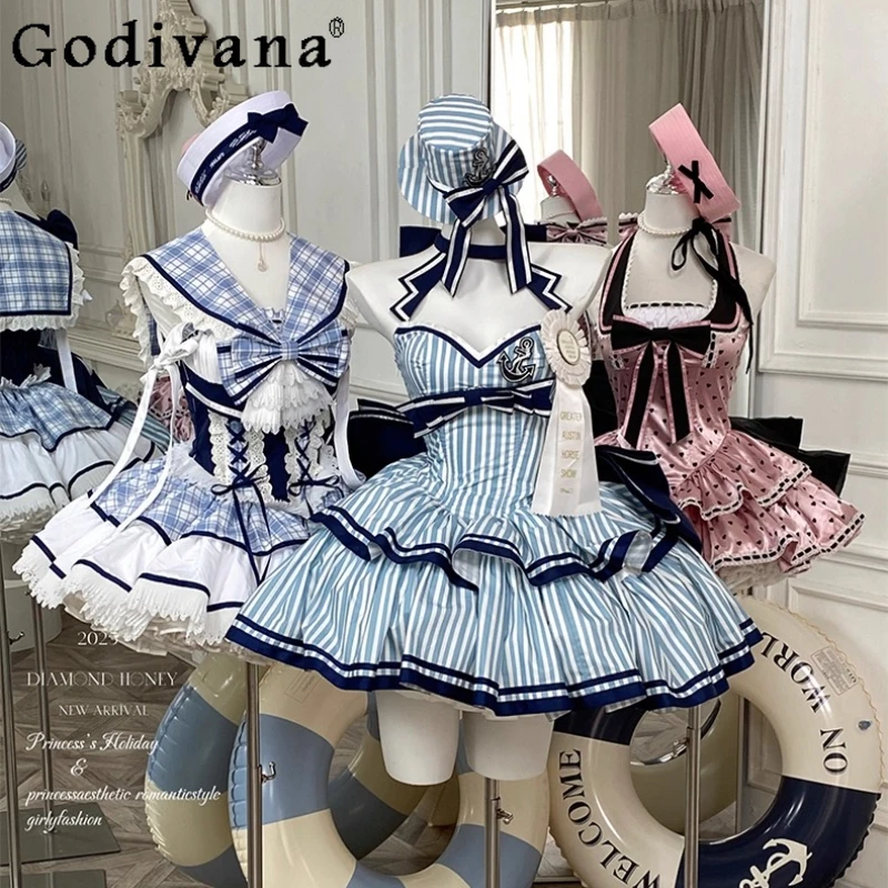 

Island Vacation Blue Striped Dress Summer Girls Sweet High-Waisted Slim Tube Top Dress Japanese Lolita Princess Birthday Dress