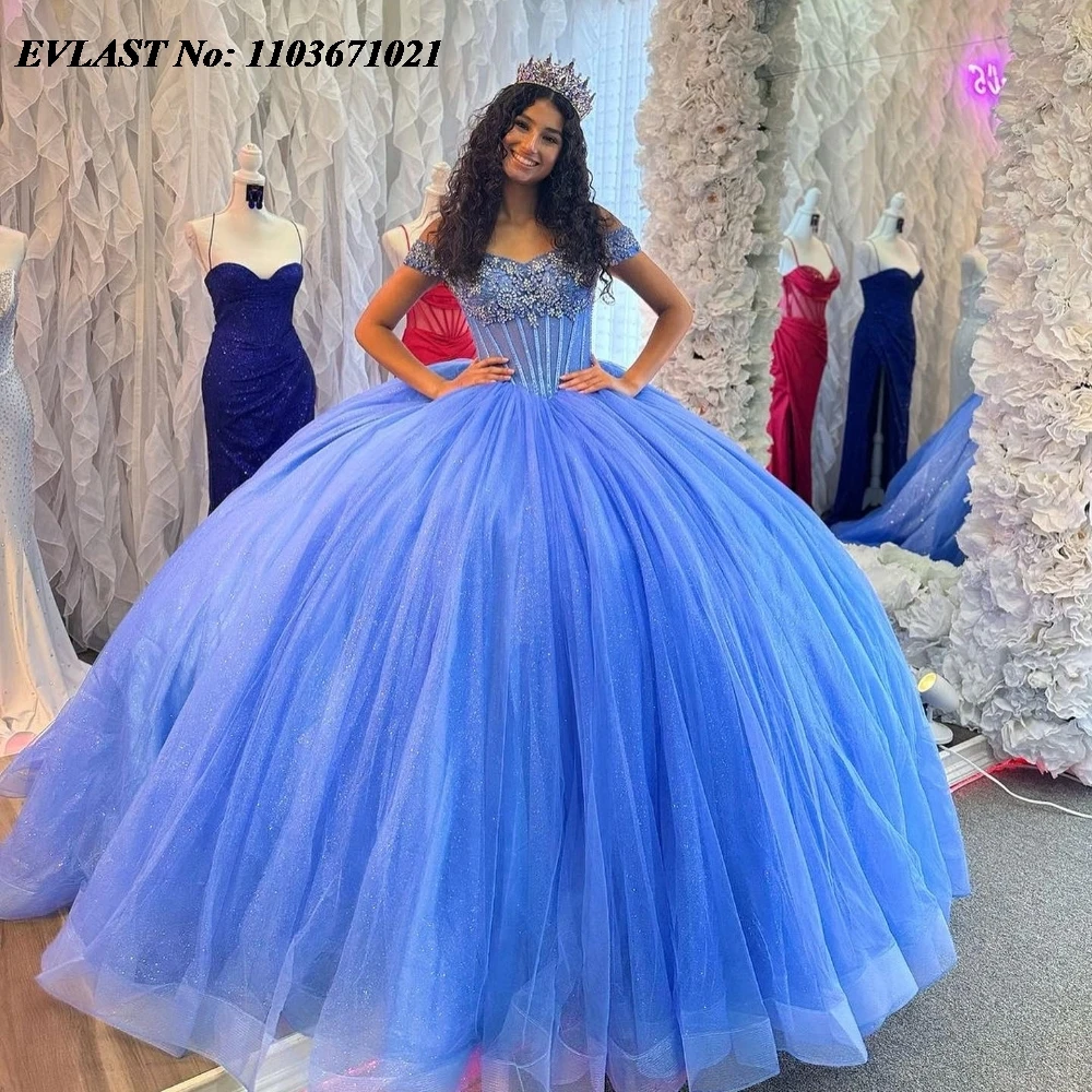 

EVLAST Customized Blue Quinceanera Dress Ball Gown Applique Beaded Crystal Mexican Corset Sweet 16 Vestidos De 15 Anos SQ745