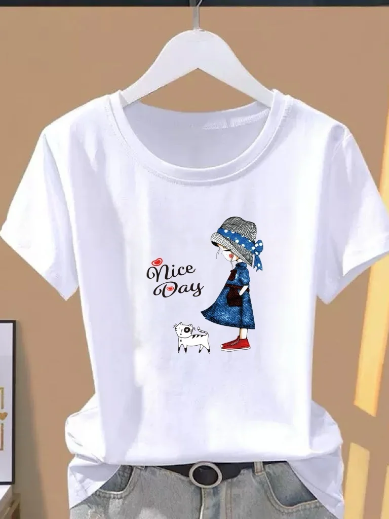 

Fashionable Short Sleeve T-Shirt Women's round Neck Casual Top Mom's Summer Clothing Polyester Fiber Printed Comfortable Fit