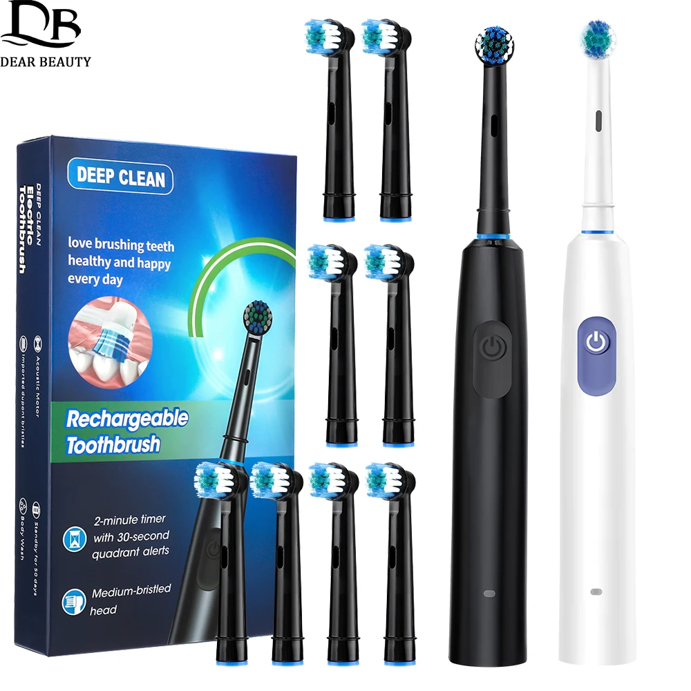 Rotary Rechargeable Electric Toothbrush 5 Mode Rotating Sonic Toothbrushes For Adult Teeth Cleaner Whitener 4/8 Soft Brush Heads