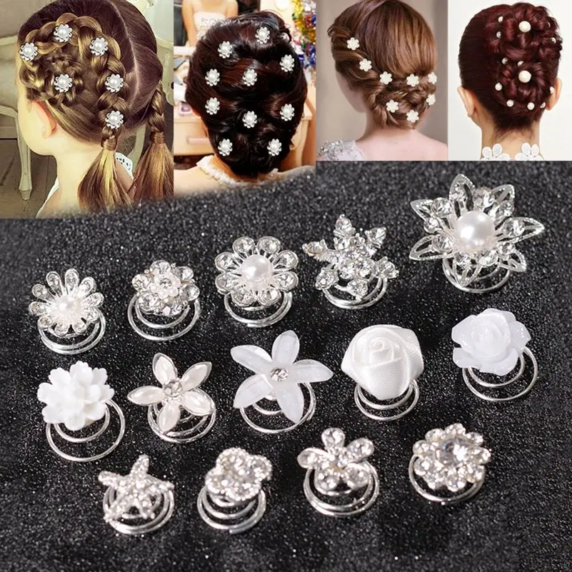 10Pcs/Lot Wedding Bridal Hair Pins Girls Crystal Flowers Twists Coils Swirl Spiral Hairpins Women Mini Headwear Hair Accessories