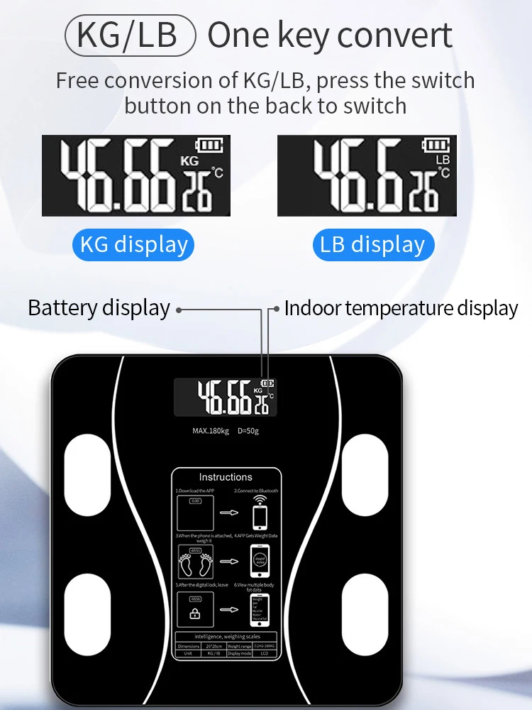 Electronic LED Digital Weight Balance Smart Scale, Tempered Glass Platform, Smartphone App, Body Fat