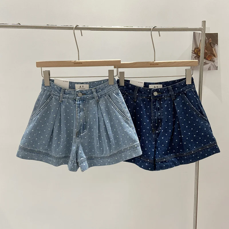 

High Waist Jeans Summer A-Line Shorts Women Wide Leg Loose Korean Pleated Ladies Trousers Polka Dot Print Modis Woman Shorts