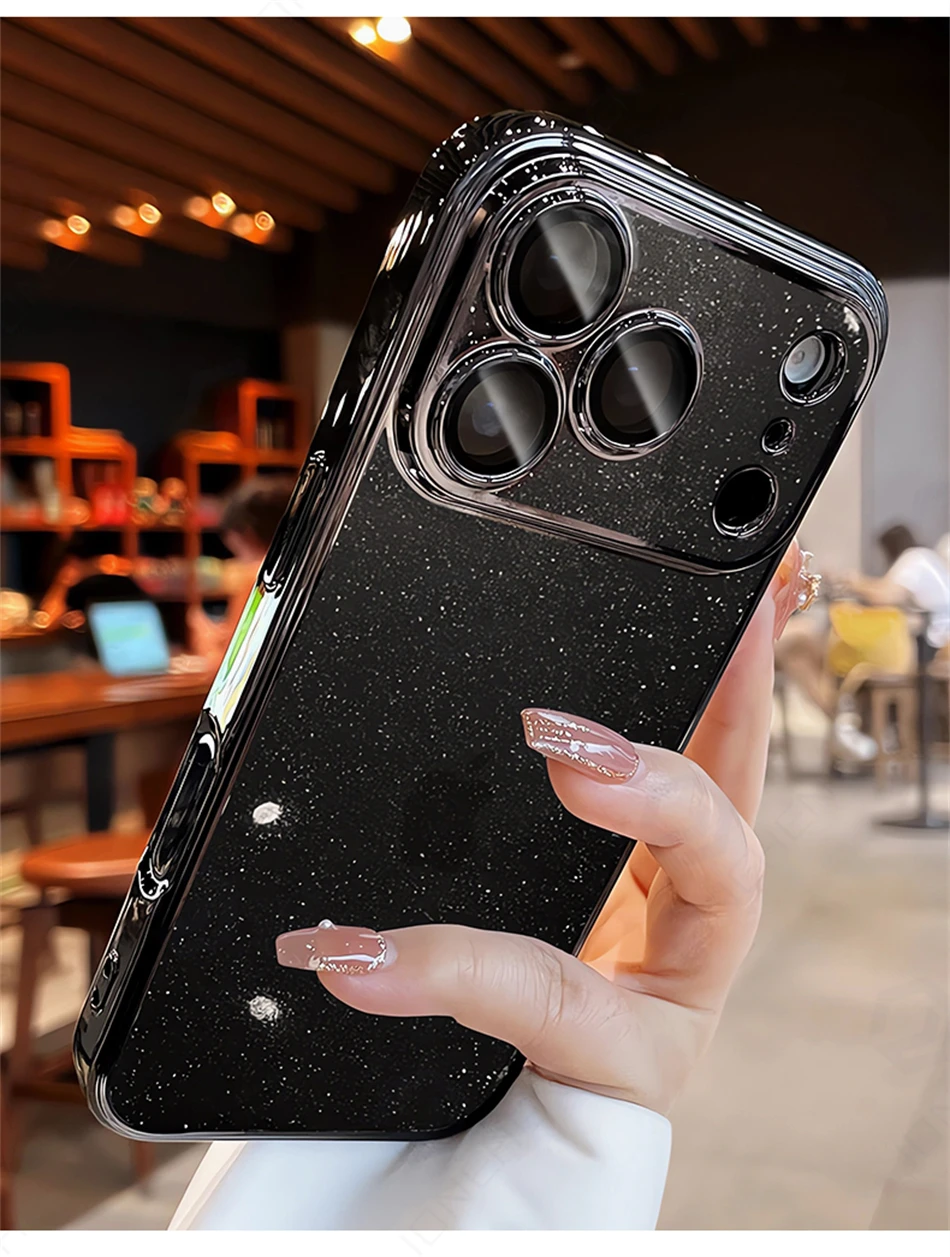 Luxuriöse Transparente Glitzer-Schutzhülle für iPhone 12 13 14 15 16 17 18 Pro Max mit Orangefarbener Beschichtung, Stoßfänger und Hartglas-Objektivabdeckung – Detail 12