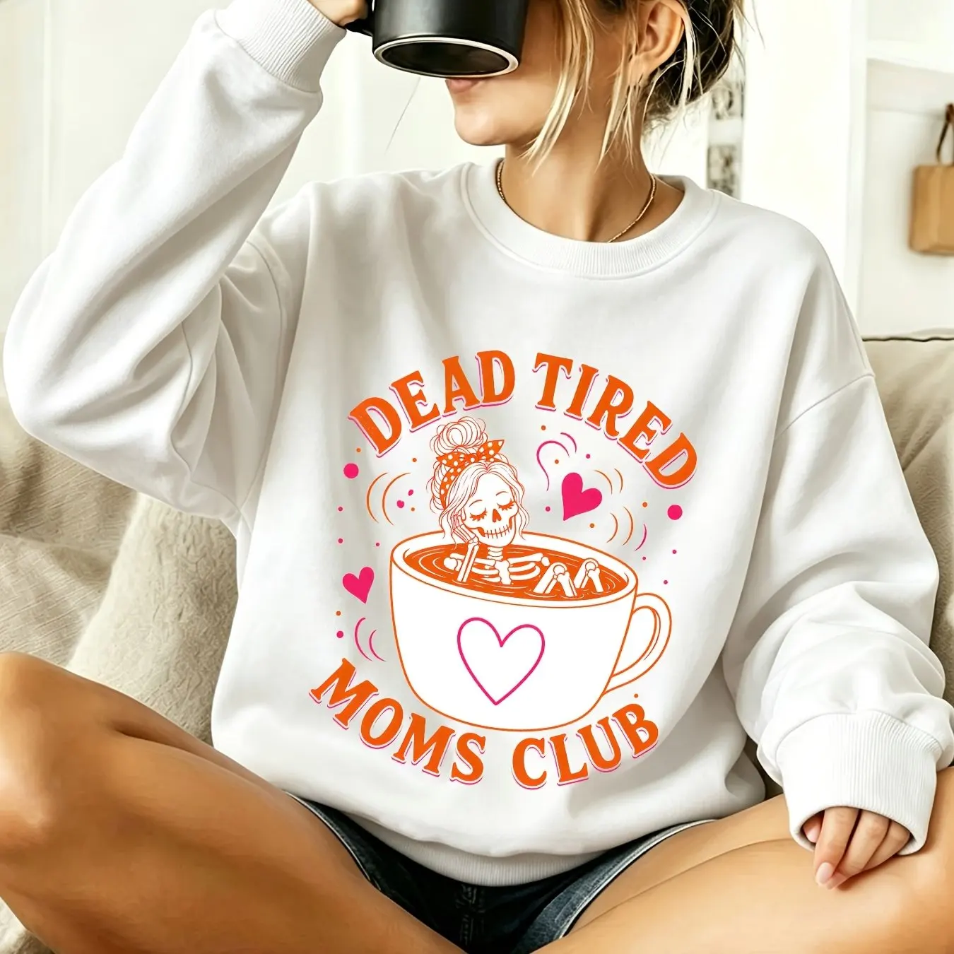 Skeleton Mom Coffee Cup Pattern Print, Women's Autumn/Winter Loose Round Neck Hoodie Casual Sports Sweatshirt