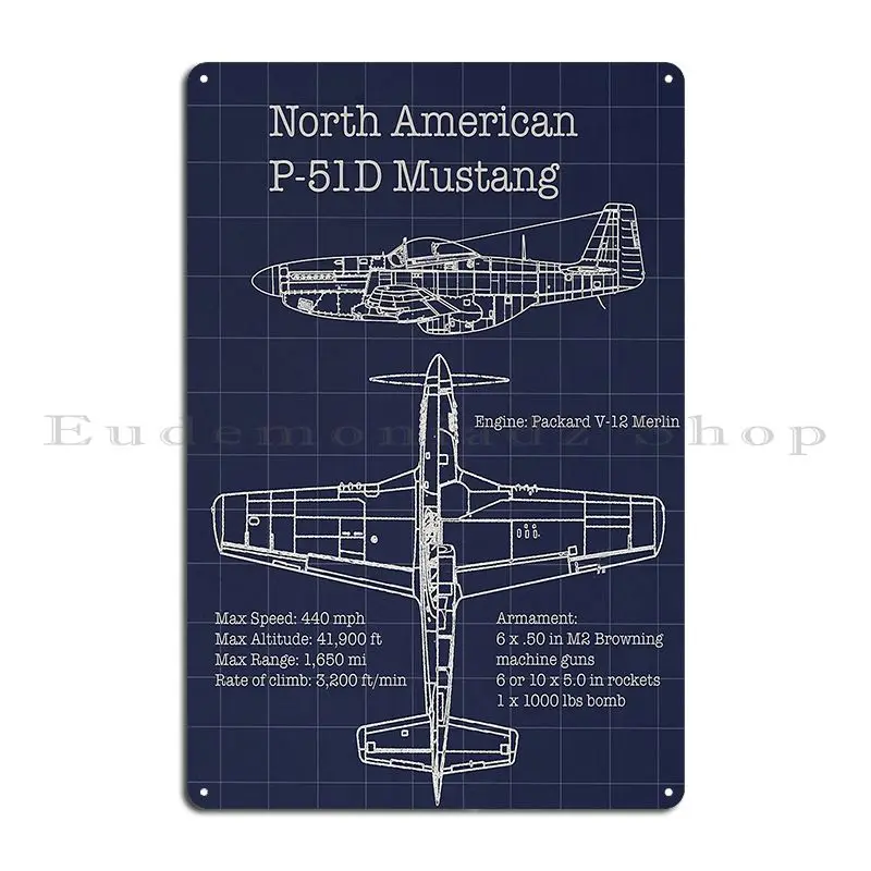 North American P 51 Mustangs Blueprint Metal Signs Party Customize Iron Vintage Rusty Tin Sign Poster