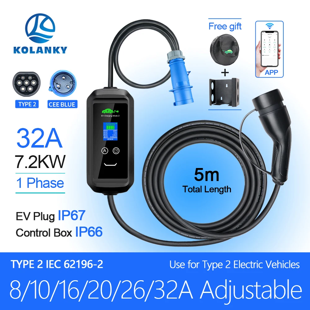 

Mobile Portable EV Charger 32A 7.2KW Type 2 EV Charger Charging For Eletric Vehicle New Energy Hybrid Cars Length 5M