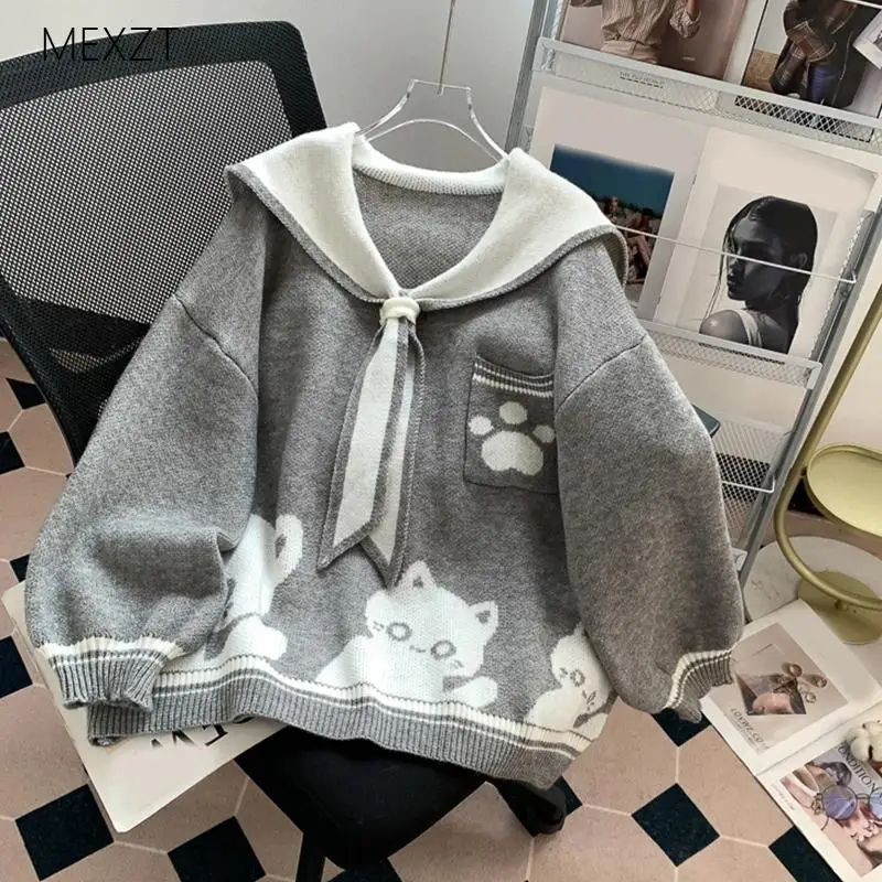 Preppy Style Sweet Knitted Sweaters Women Cute Cat Cartoon Loose Sailor Collar Pullovers Fall Winter Kawaii Casual Jumper Tops