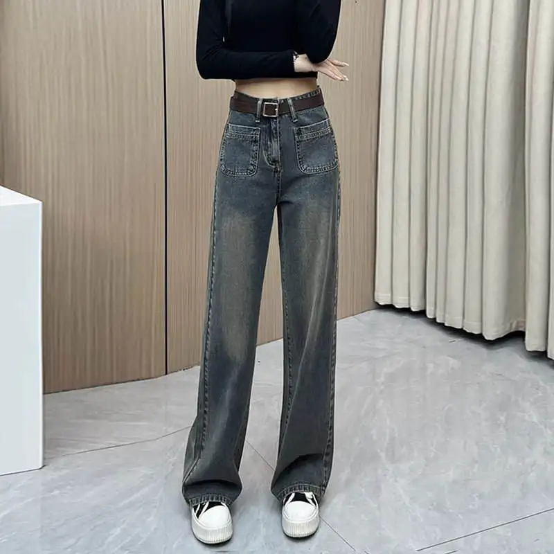 

High Waist Wide Leg Jeans Women's New Style Fall Commute Grey Pocket Design Slim Straight Floor-Length Trousers