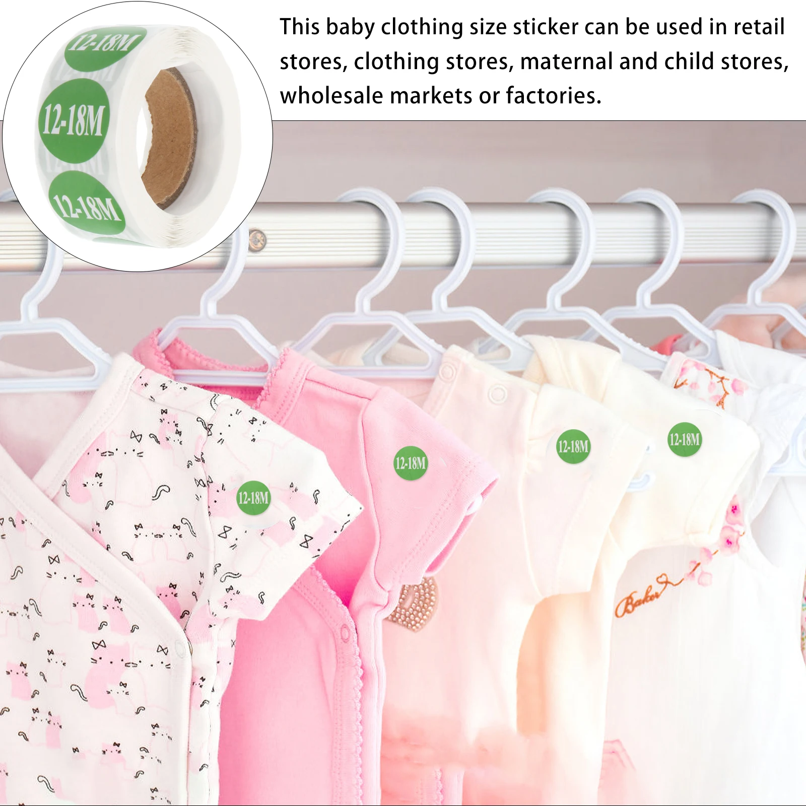 

2 Rolls Clothing Size Stickers Self Adhesive Labels for Baby Clothes Retail Store Display Smooth Surface No Glue Needed