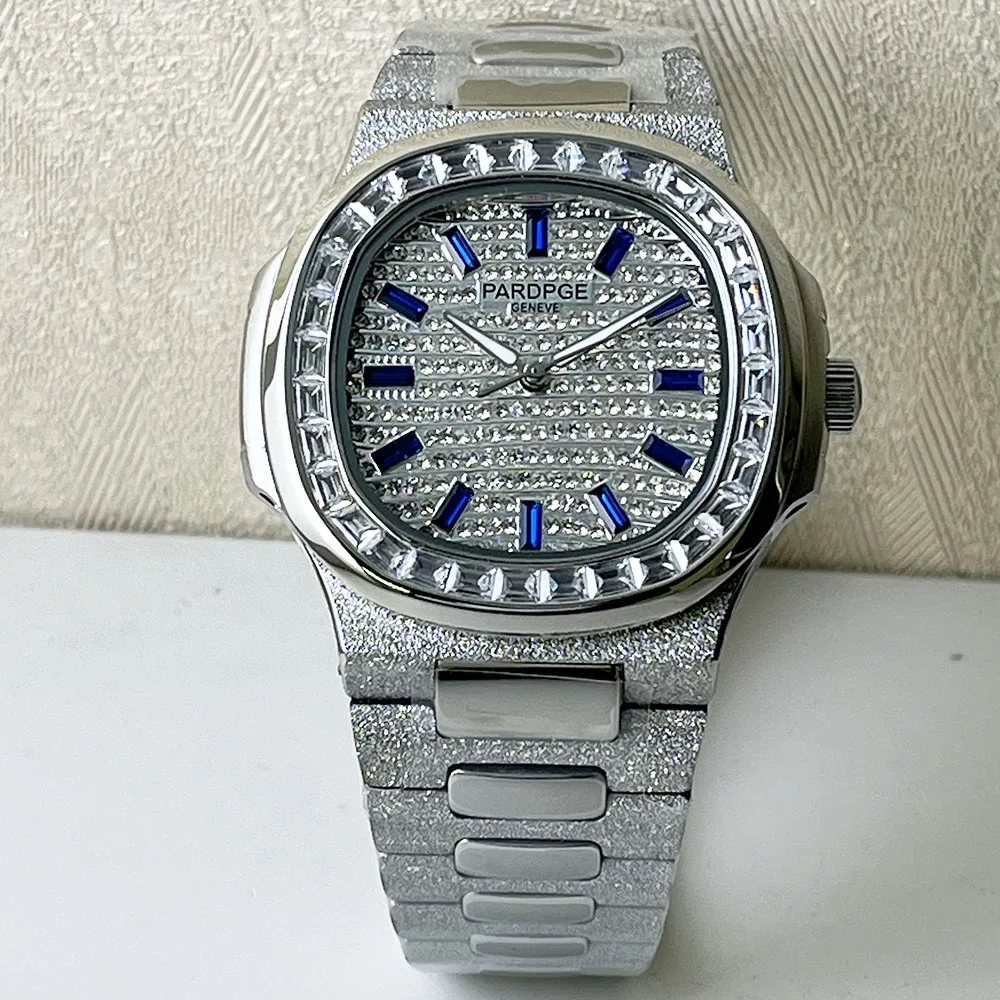 PARDPGE White sand steel case multi-drill case 42mm men\'s stainless steel automatic mechanical watch Date Blue Ding sparkle dial
