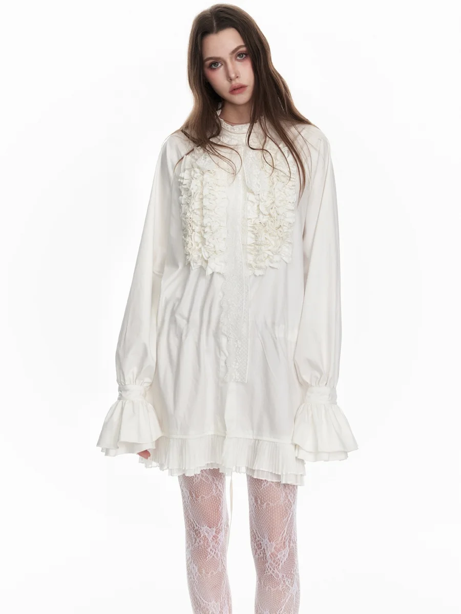 

White Heavy Industry Sle Court Design Sense -Majori Midi irt Dr Cotton Straight Tube Long Sve Stand Collar