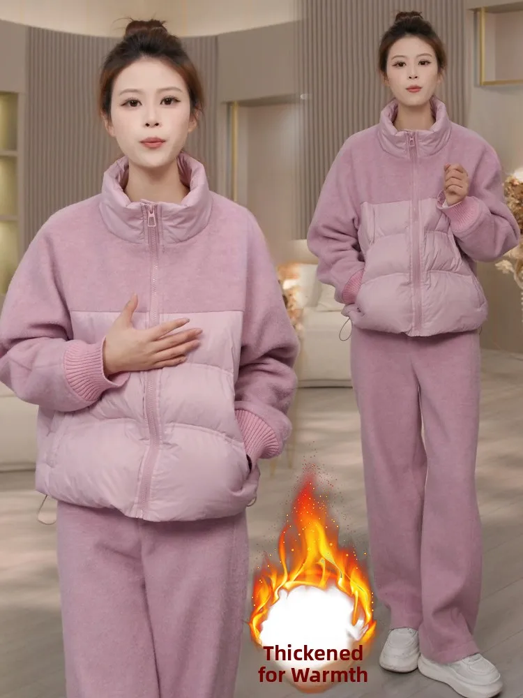 

Winter Faion Thiened Cotton Jaet And Pants Set Women's Fce Lined Warm Versatile Slimming Middle-aged Mom Outfit