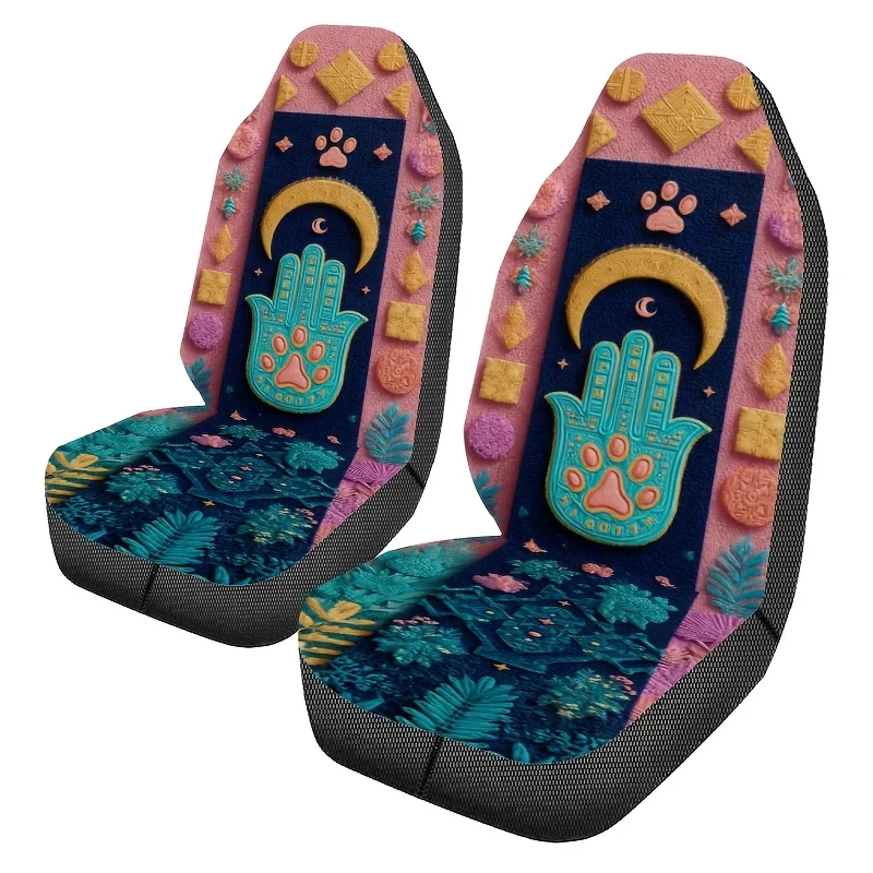 2pcs Bohemian Moon Fatima Hand Print Car Seat Covers, Easy-Clean Unisex Front Seat Protectors, Fashionable Auto Accessories, Al