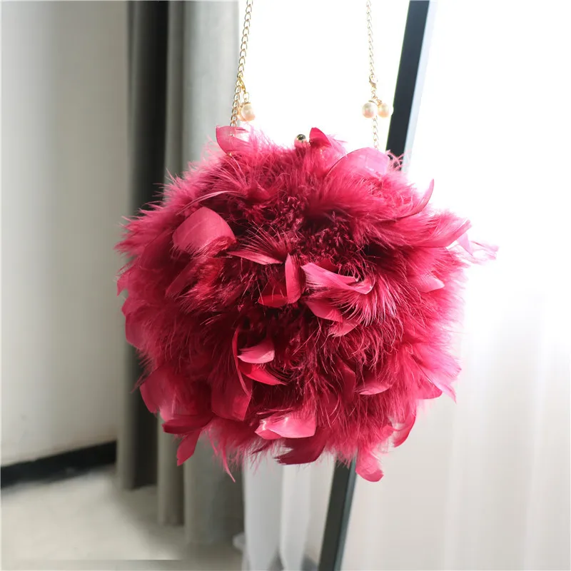 Luxury Women Ostrich Feather Evening Bags Female Party Wedding Dress Shoulder Clutch Fairy Pearl Chain Handbag Purses