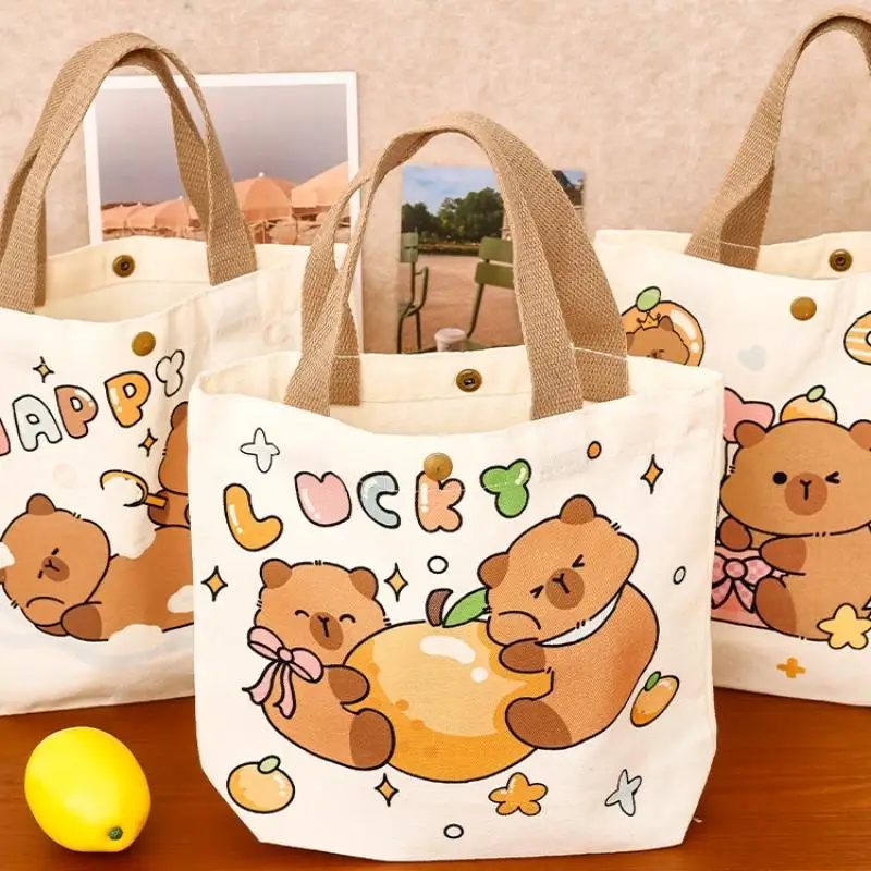 

Portable Handbag Cute Cartoon Capybara Canvas Large Capacity Snap Button Handbag Portable Tote Bags Print Small Pouch Shopping