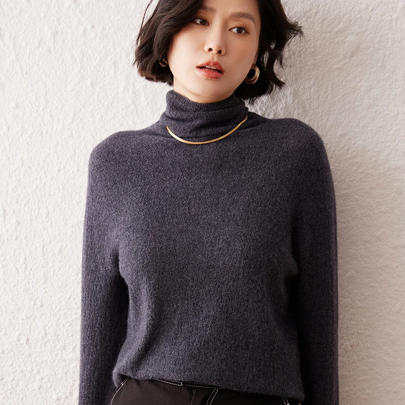 

Women's 100% cashmere sweater casual solid color knitted pullover Tops loose pile collar Jumper base Blouse for warmth