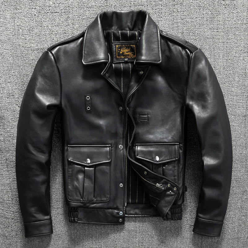 New Zealand Sheepskin California Mounted Police Leather Jacket Men's Genuine Leather Flight Suit Leather Jacket Short Jacket