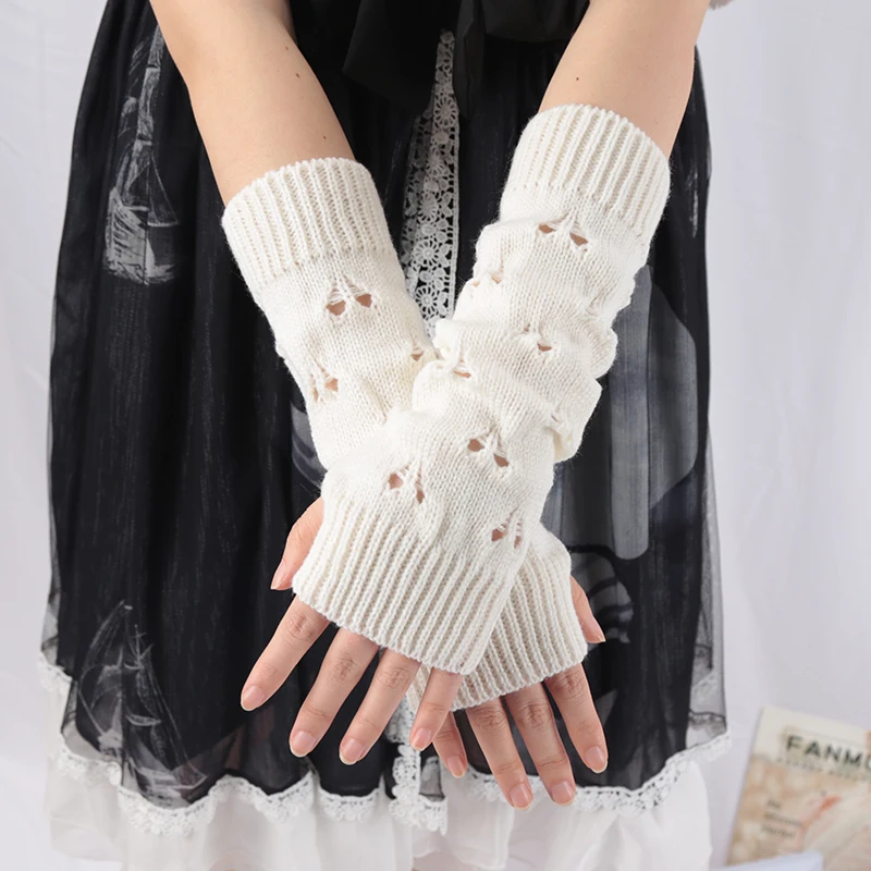 Women Long Fingerless Gloves Cute Fashion Casual Arm Crochet Warmer Knitting Hollow Mitten Black Soft Gloves Lolita Accessories