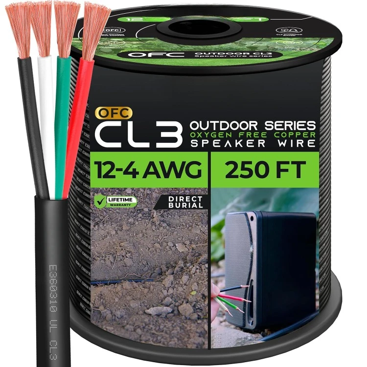 12/4 Speaker Wire (250 Feet) 12AWG Gauge, Black 4-Conductors/Outdoor Direct Burial in Ground/in Wall / CL3 CL2 Rated - OF