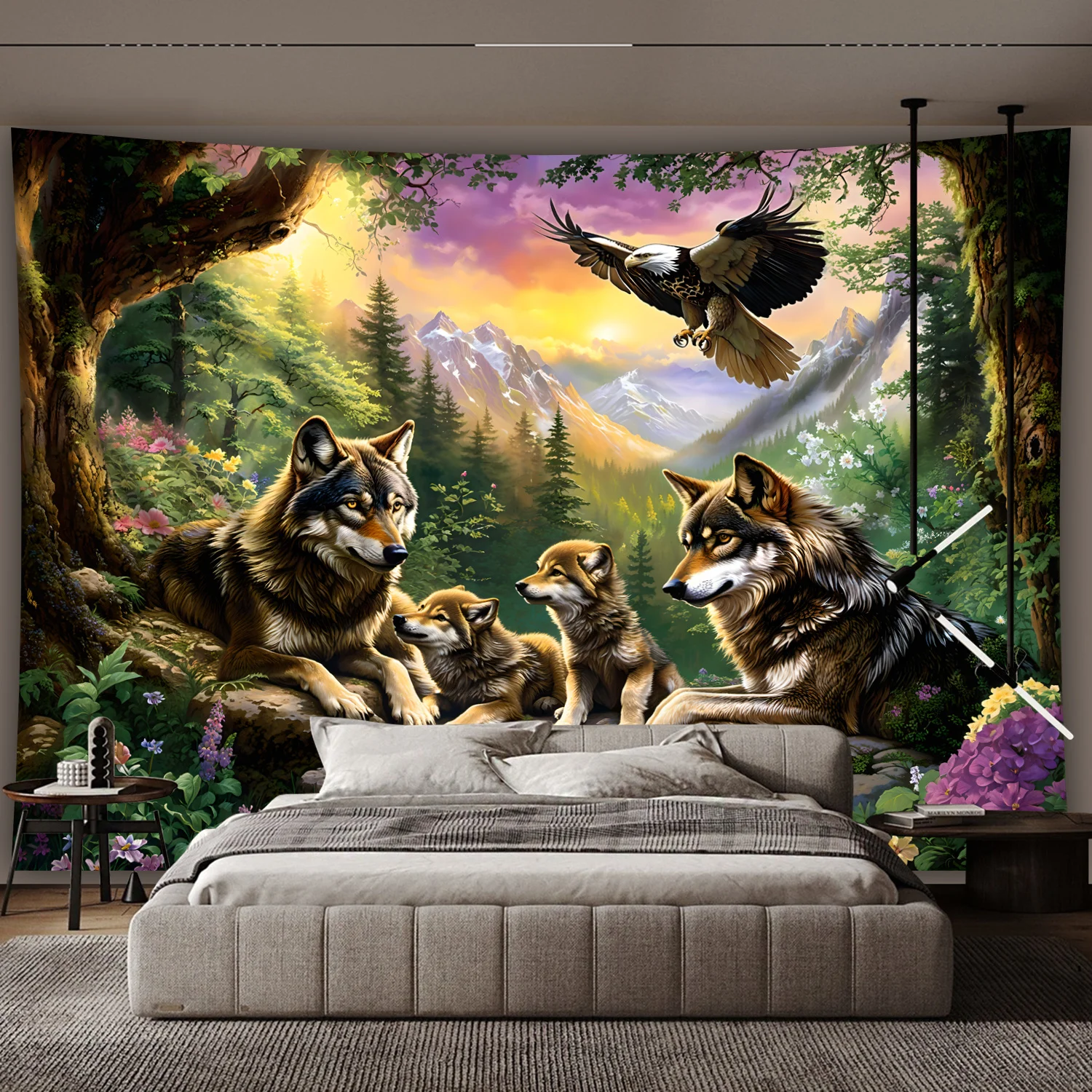 Interior Design Landscape - Wolfsfamilie mit Adler im Bergwald Sonnenuntergang