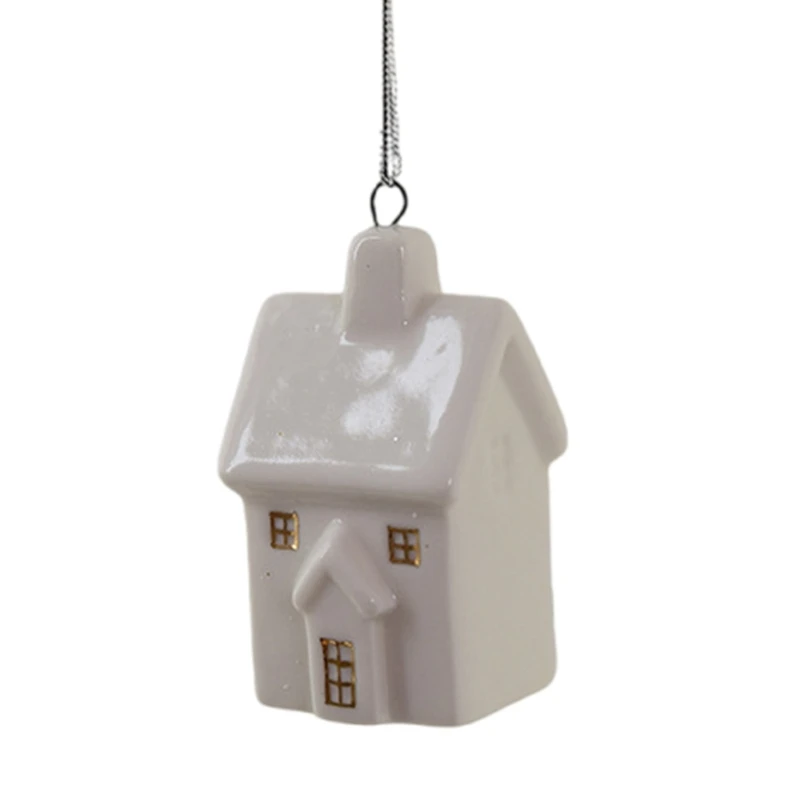 White Ceramic Christmas Tree Hanging Decoration House Pendant With Chimneies