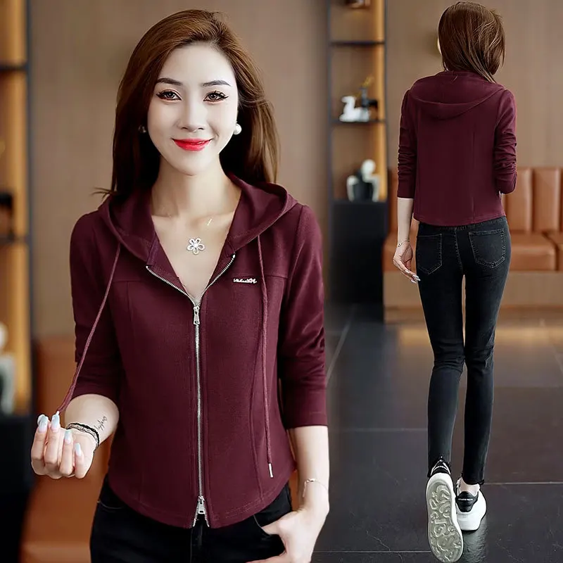 Hooded Cardigan Sweater Women's Autumn Small Casual Short Long Sleeve Top Zipper Jacket