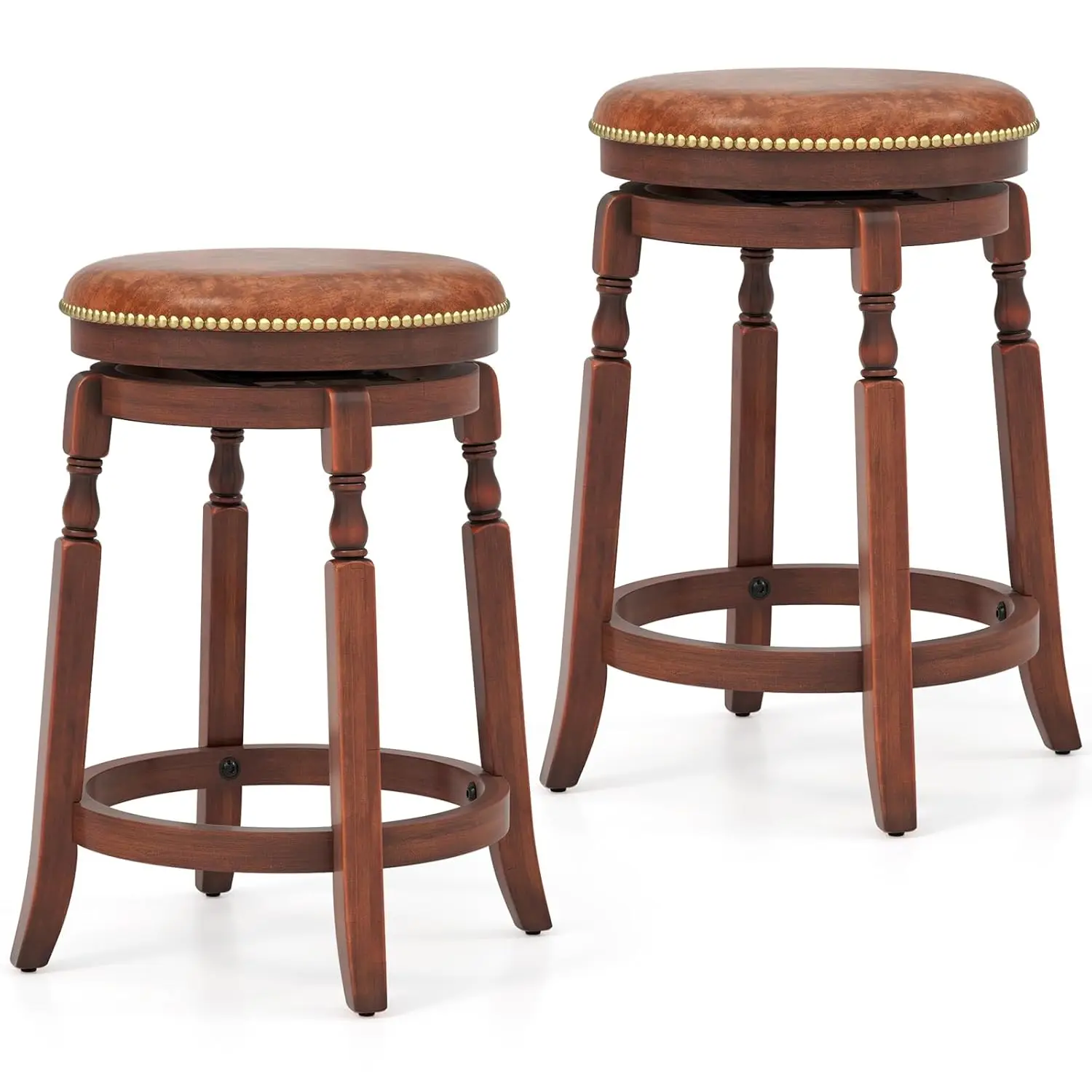 

24in Swivel Bar Stools 2pcs Counter Height Upholstered Seat Rubber Wood Frame Round Backless Kitchen Walnut, Customized
