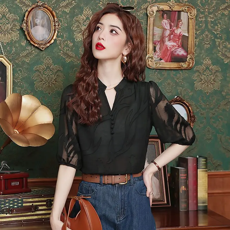 Elegant V-Neck Button Spliced Gauze Blouses Women's Clothing 2024 Summer New Loose Solid Color Chic Tops Office Lady Shirts